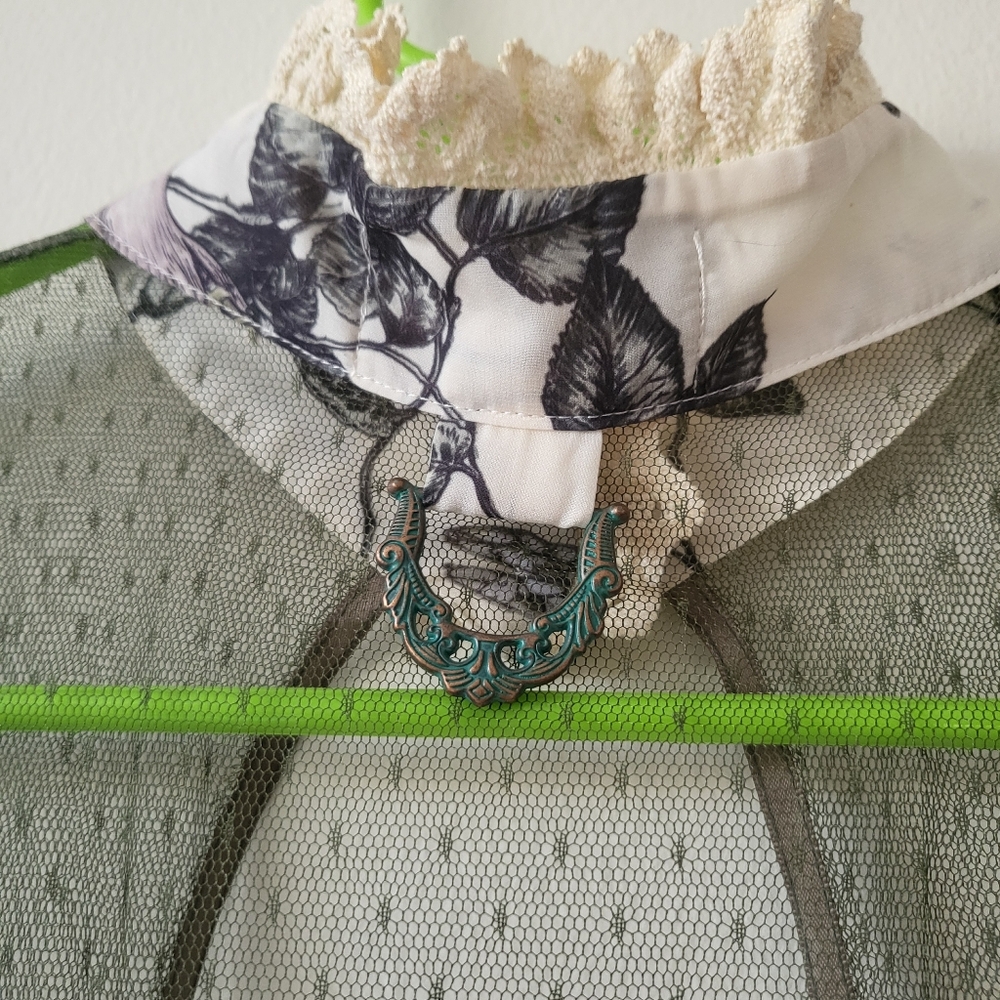 Lip Service Mechanique Menagerie Gothic Victorian Ivory Green Chiffon Blouse M - Picture 6 of 8
